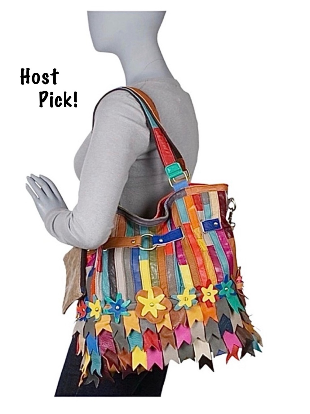 AMERILEATHER ~ Multicolor Fringe Leather Tote /Crossbody Bag with Flower Accents